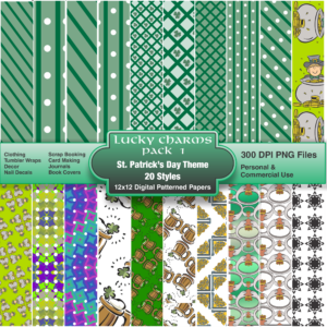 A digital pattern pack of 20 designs featuring St. Patrick's  Day themes.