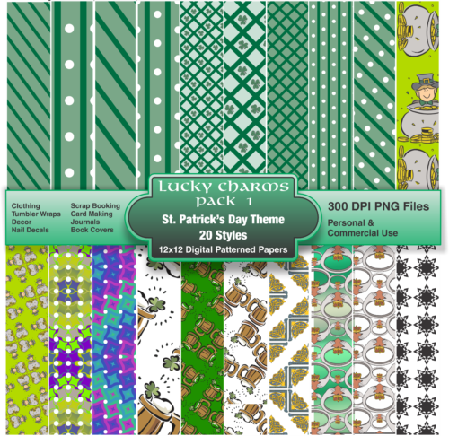 A digital pattern pack of 20 designs featuring St. Patrick's  Day themes.