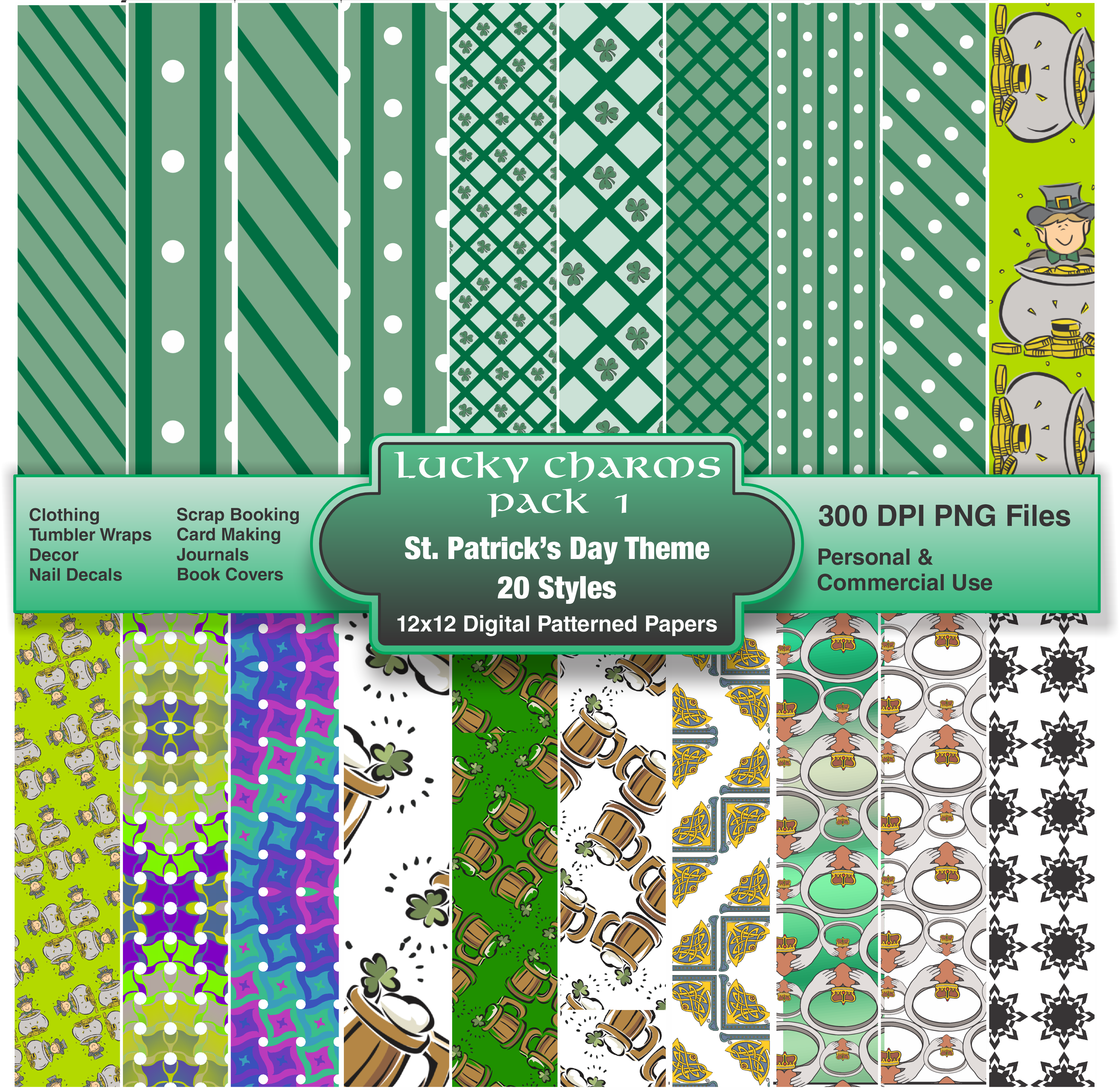 A digital pattern pack of 20 designs featuring St. Patrick's  Day themes.