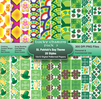 A digital pattern pack of 20 designs featuring St. Patrick’s Day themes.